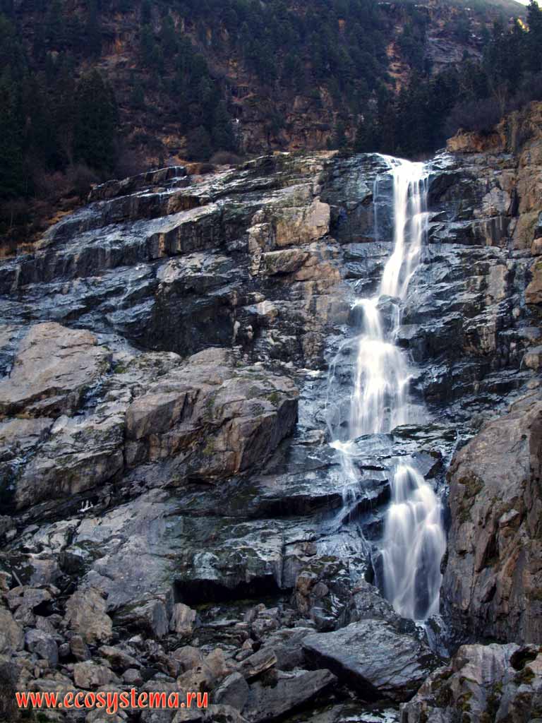 Waterfall on the small mountain river. Eastern Alps, Tirol, Neuschtift