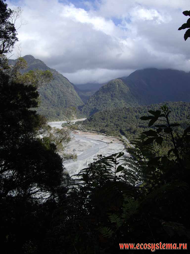 Waiho river, flowing from the France Joseph Glacier. Broadleaved deciduous forest zone.
West-coast region, western coast of the South Island, New Zealand