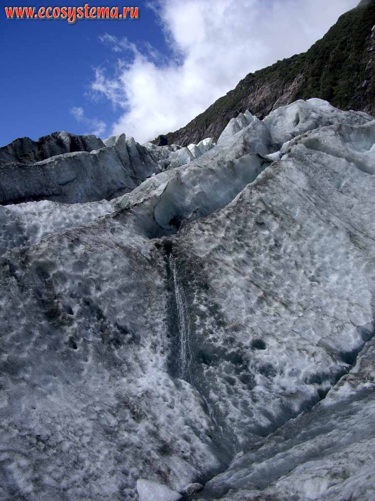France Joseph Glacier body and glacier stream, flowing from the ice.
Westland National Park, West-coast region, South Island, New Zealand