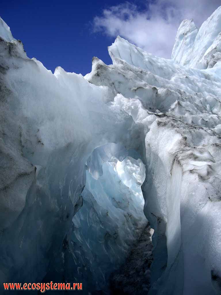 Арка во льду, размытая талыми водами. Ледник Франца Иосифа (Джозефа)
(регион Уэст-Кост, западное побережье Южного острова)