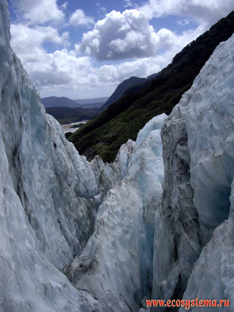 Ice clefts (cracks) in the glacier body formed during melting process.
France Joseph Glacier, Westland National Park, West-coast region, South Island, New Zealand