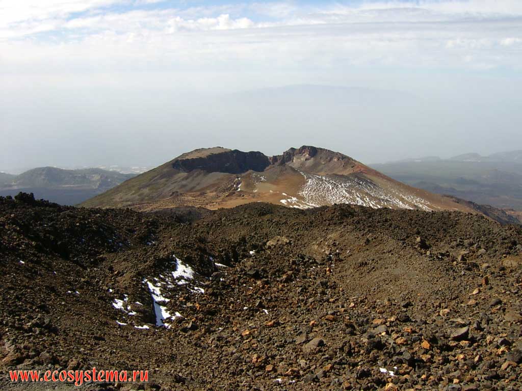 The top crater of the Pico Viejo volcano (3134 meters above sea level). View from the Teide volcano top.
Shooting point is at 3300 meters above sea level. Tenerife Island, Canary Archipelago