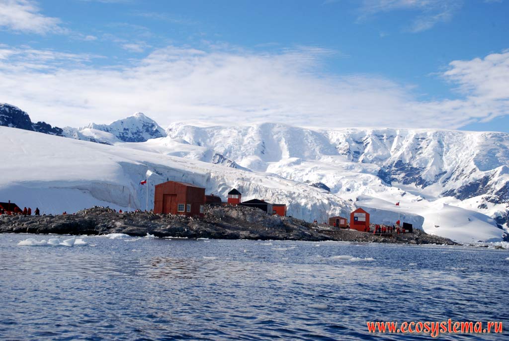 Chilean antarctic station and land ice on the shore of the Antarctic peninsula.
Paradise Bay, Weddell Sea, West Antarctic
