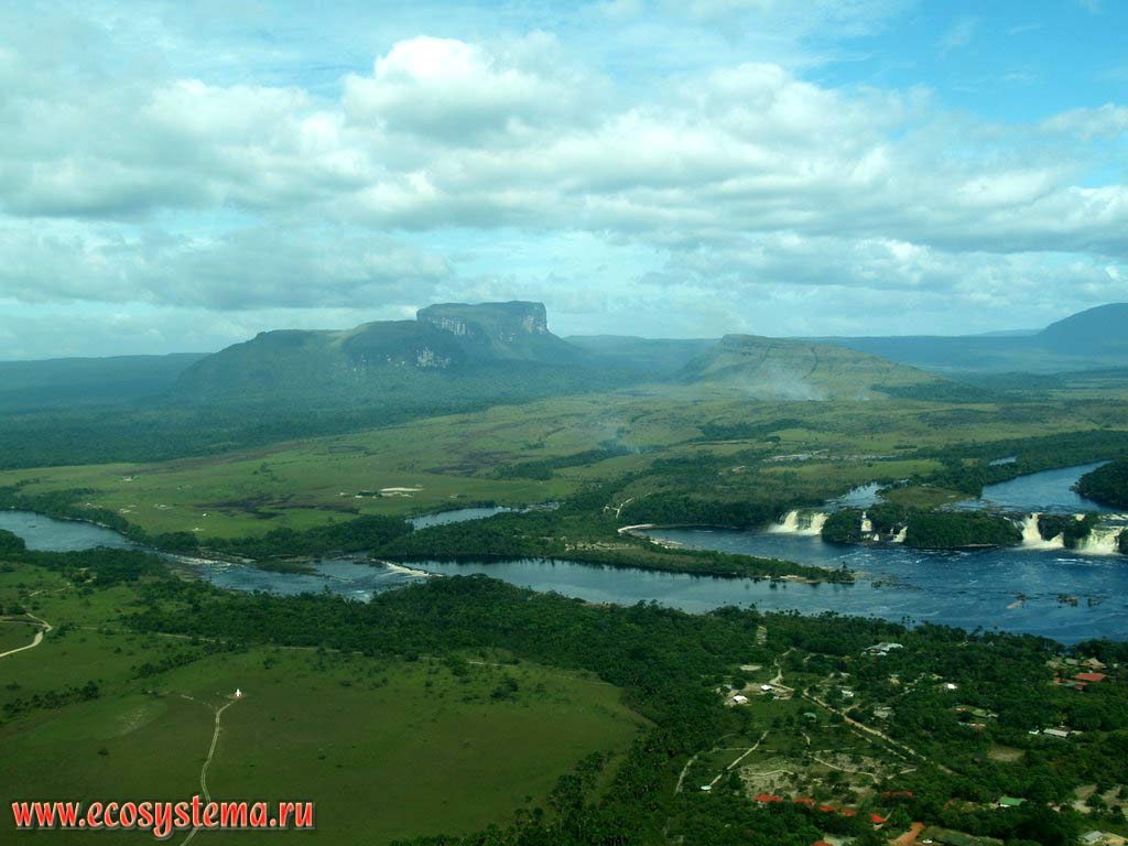 View to the table (table-top) mountain (mesa, or Tepui, Tepuy), Carrao River and Sapo, or Salto el Sapo (Frog, or Toad) waterfalls.
The humid tropical forest zone, Guiana Highlands, Canaima National park, Bolivar State, Venezuela