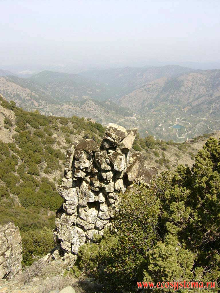 Можжевельниковые редколесья и скалы-останцы в горах Троодос (Тродос)
(высота около 800 метров над уровнем моря). Средиземноморье, остров Кипр