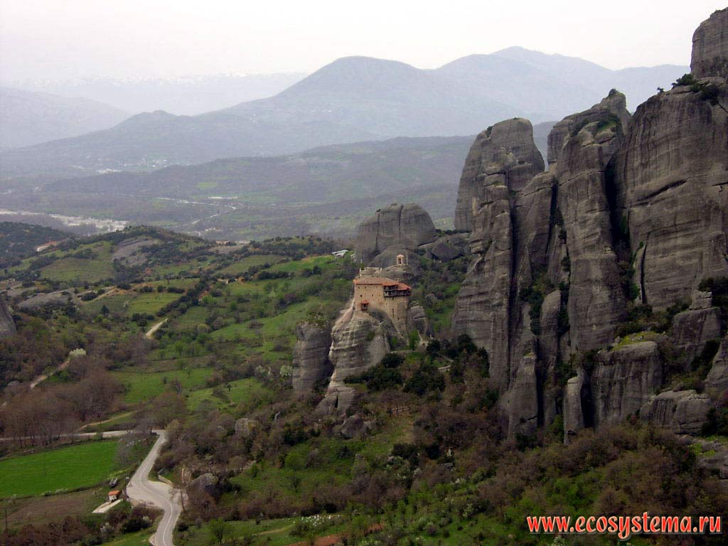 Pind mountains (Northern Greece). Meteori village. Basalt rests.