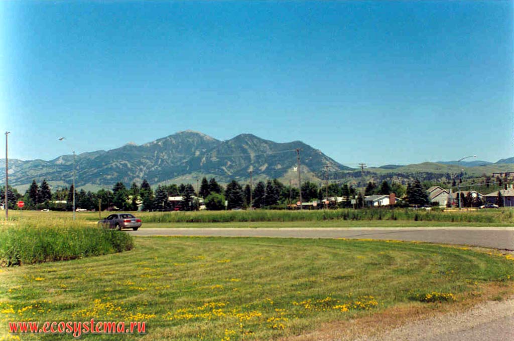 Bozeman city at the foothills of Rocky Mountains.