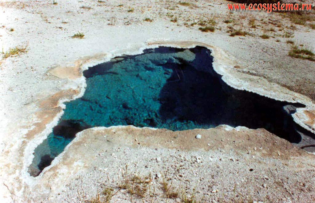 Гейзерная яма (озеро) с отложениями гейзерита и травертина на краю. Йеллоустонский национальный парк.
Горный Запад Северной Америки, Кордильеры северо-запада США, Скалистые горы, штат Вайоминг