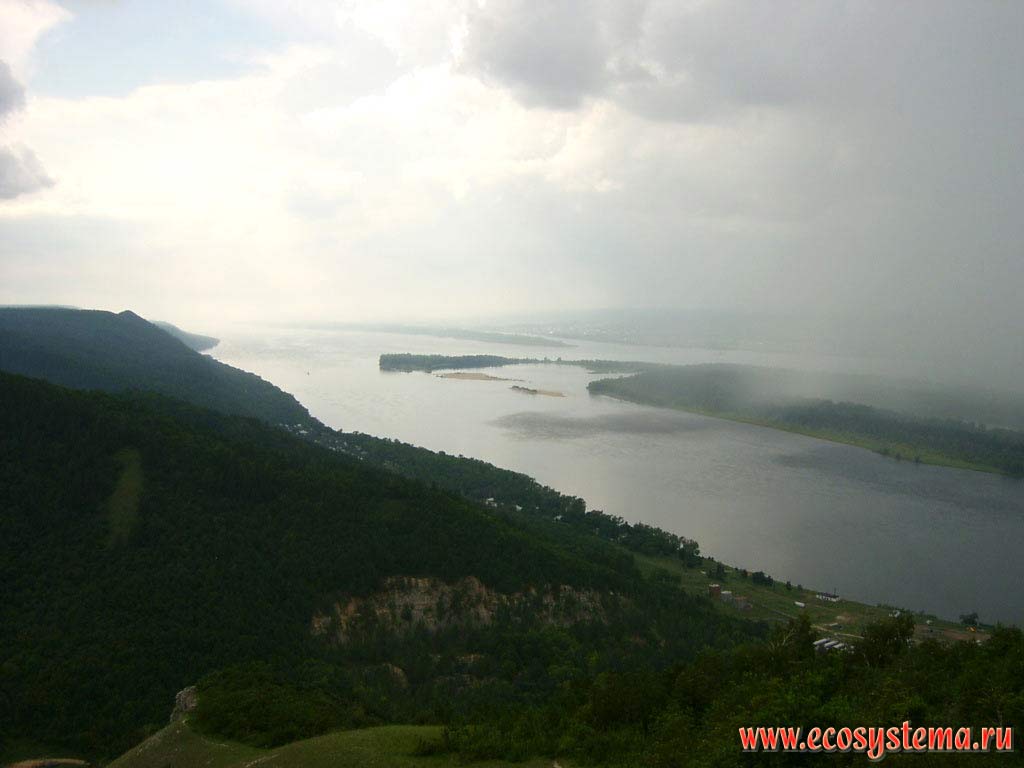 Rain above the Volga river. Zhiguli reserve. View from the Strelnaya Hill.