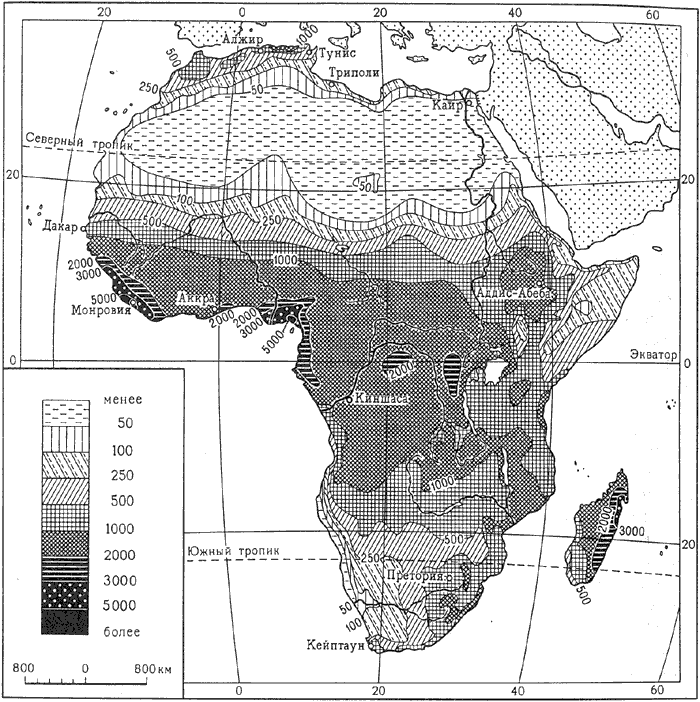 Среднемесячное количество осадков в Африке, мм